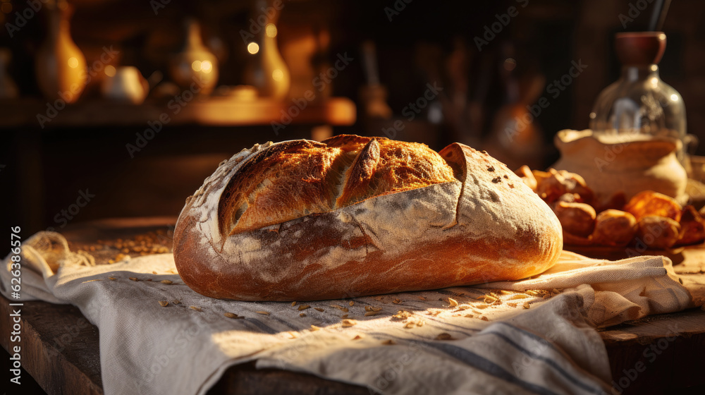 fresh loaf of bread on a table, homemade baking, Generative AI