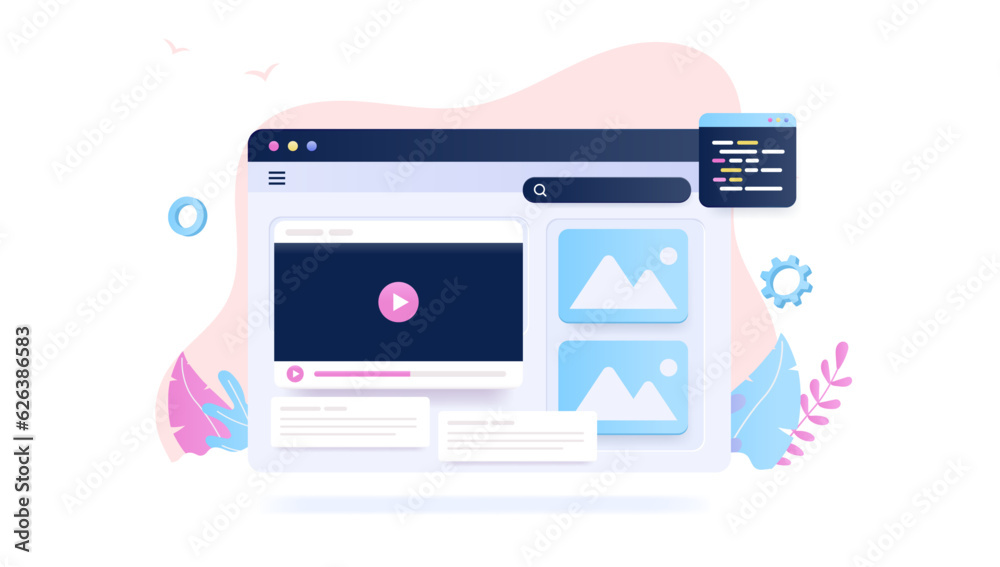Video service online - Web window with movie player and play button, vector illustration with white background Video service online - Web window with movie player and play button, vector illustration with white background