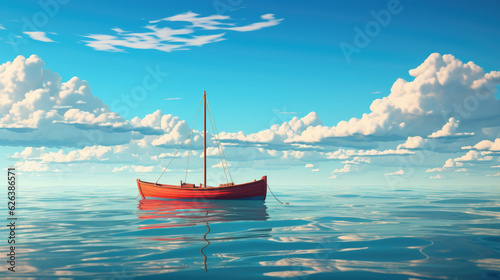  red boat stands on the sea against the blue sky and white clouds, Generative AI © Oleksandr