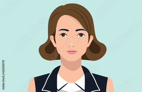 Vector portrait of woman - Female person face and upper body with serious face expression. Flat design illustration