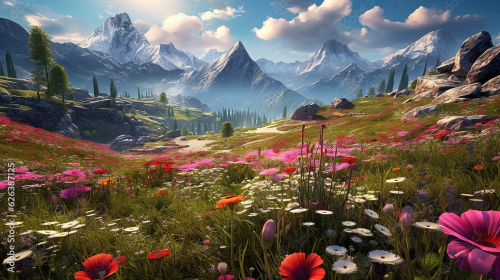  a painting of a mountain landscape with flowers and mountains in the background.  generative ai