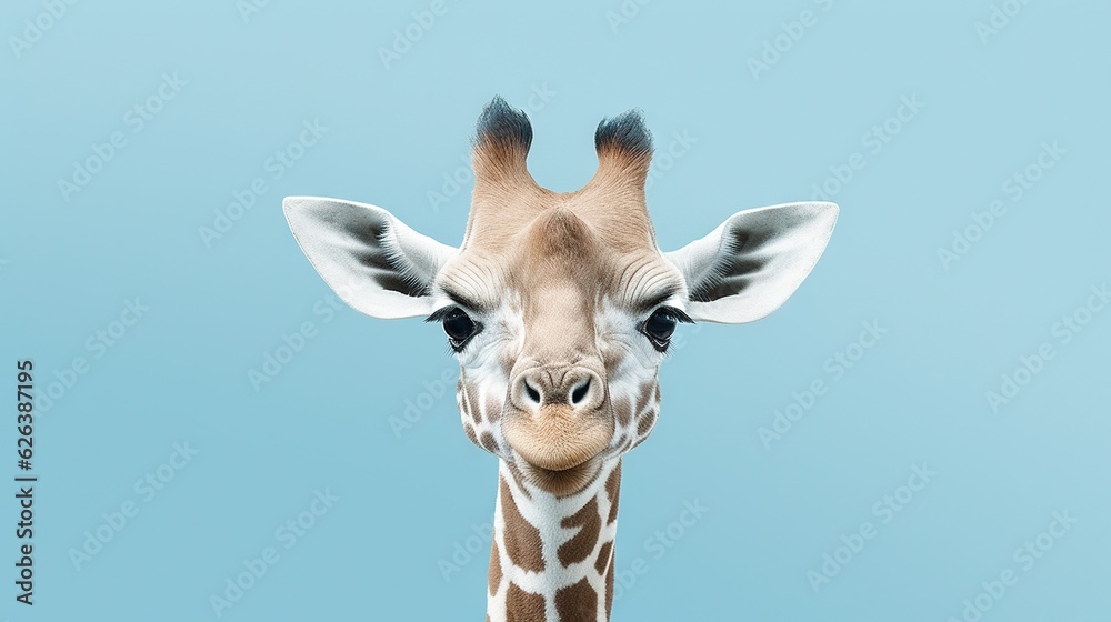  a close up of a giraffe's face against a blue background.  generative ai