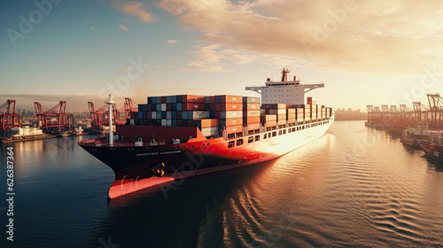 a cargo ship with containers stands in the port illuminated by the setting sun, Generative AI