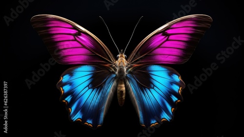  a blue and pink butterfly with a black background and a black background.  generative ai © Shanti
