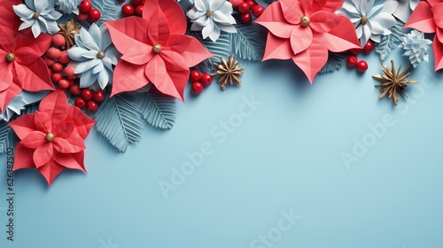  a blue background with red and white poinsettis. generative ai