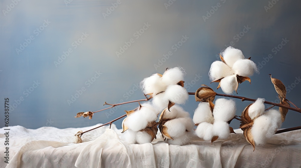  a branch with cotton flowers on a white table cloth with a blue background.  generative ai - obrazy, fototapety, plakaty 