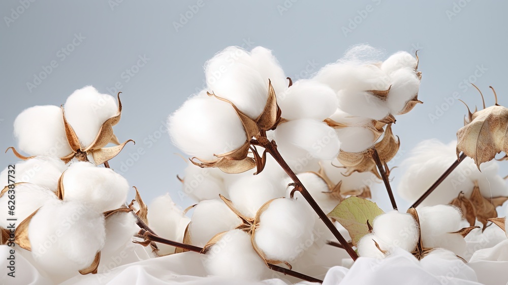  a close up of a bunch of cotton flowers with a sky background.  generative ai