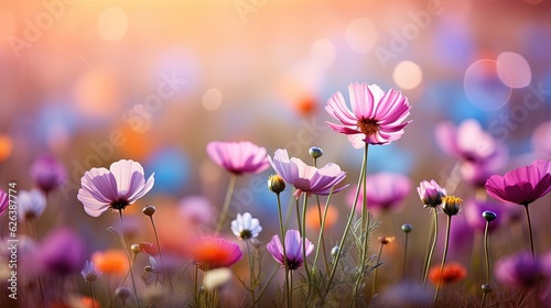  a field full of pink flowers with a blurry background.  generative ai © Shanti