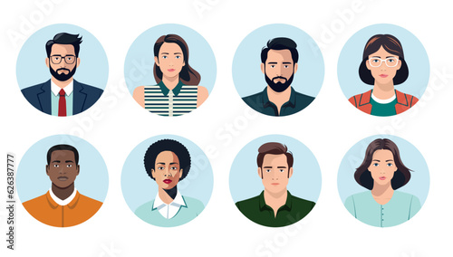 Avatars vector collection - People faces in oval frames, men and women with different ethnicities. Flat design illustrations with white background
