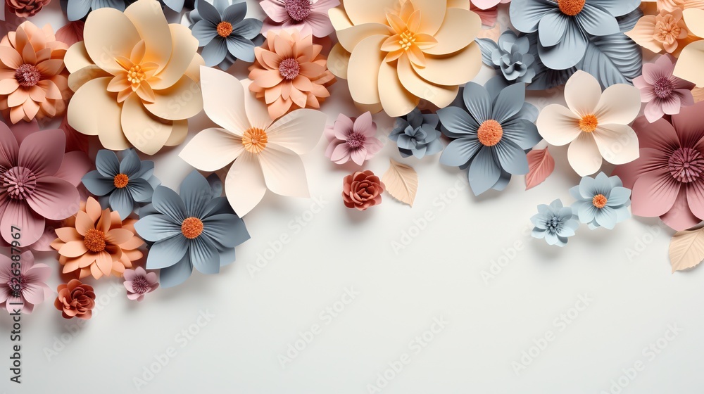  a bunch of paper flowers on a white background with space for text.  generative ai