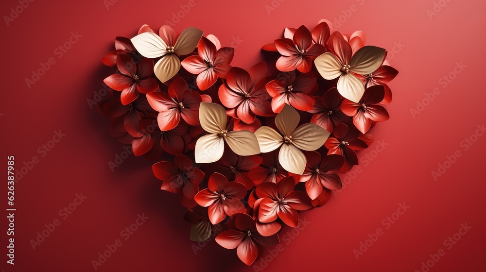 a heart shaped arrangement of red flowers on a red background. generative ai a heart shaped arrangement of red flowers on a red background. generative ai