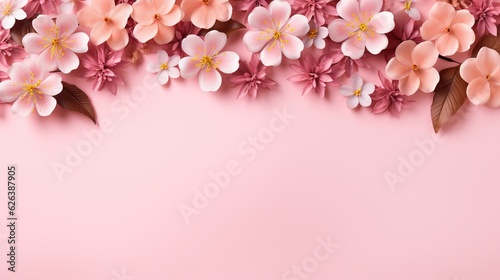  pink flowers on a pink background with leaves and flowers in the center.  generative ai © Shanti