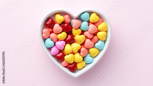  a heart shaped bowl filled with candy hearts on a pink background. generative ai