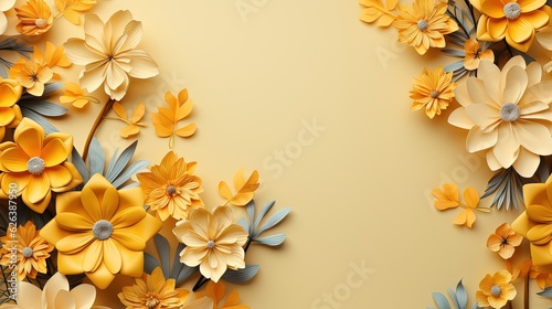  a bunch of yellow and blue flowers on a yellow background.  generative ai