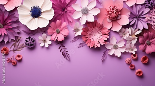  a purple and pink background with paper flowers on top of it.  generative ai © Shanti