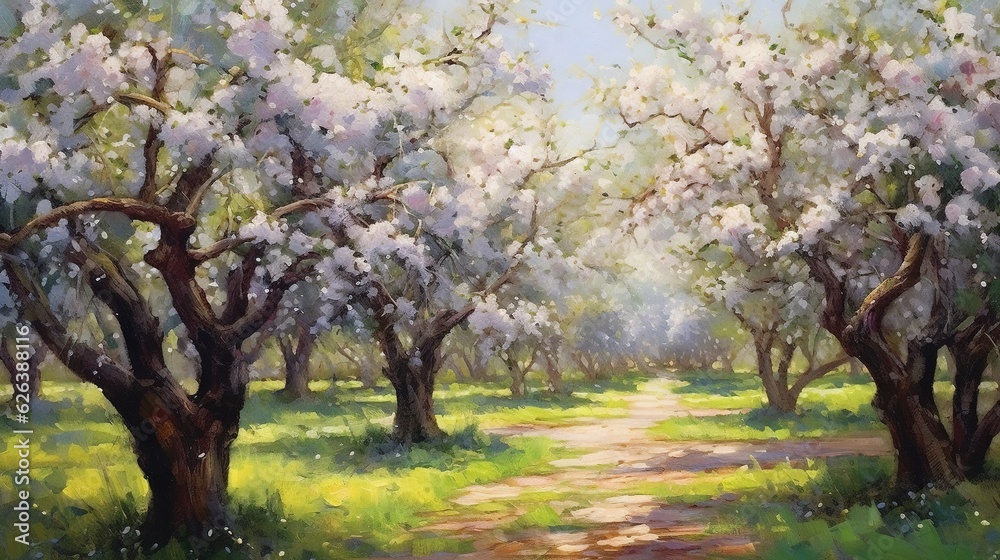 a painting of a path through a forest with white flowers. generative ai a painting of a path through a forest with white flowers. generative ai