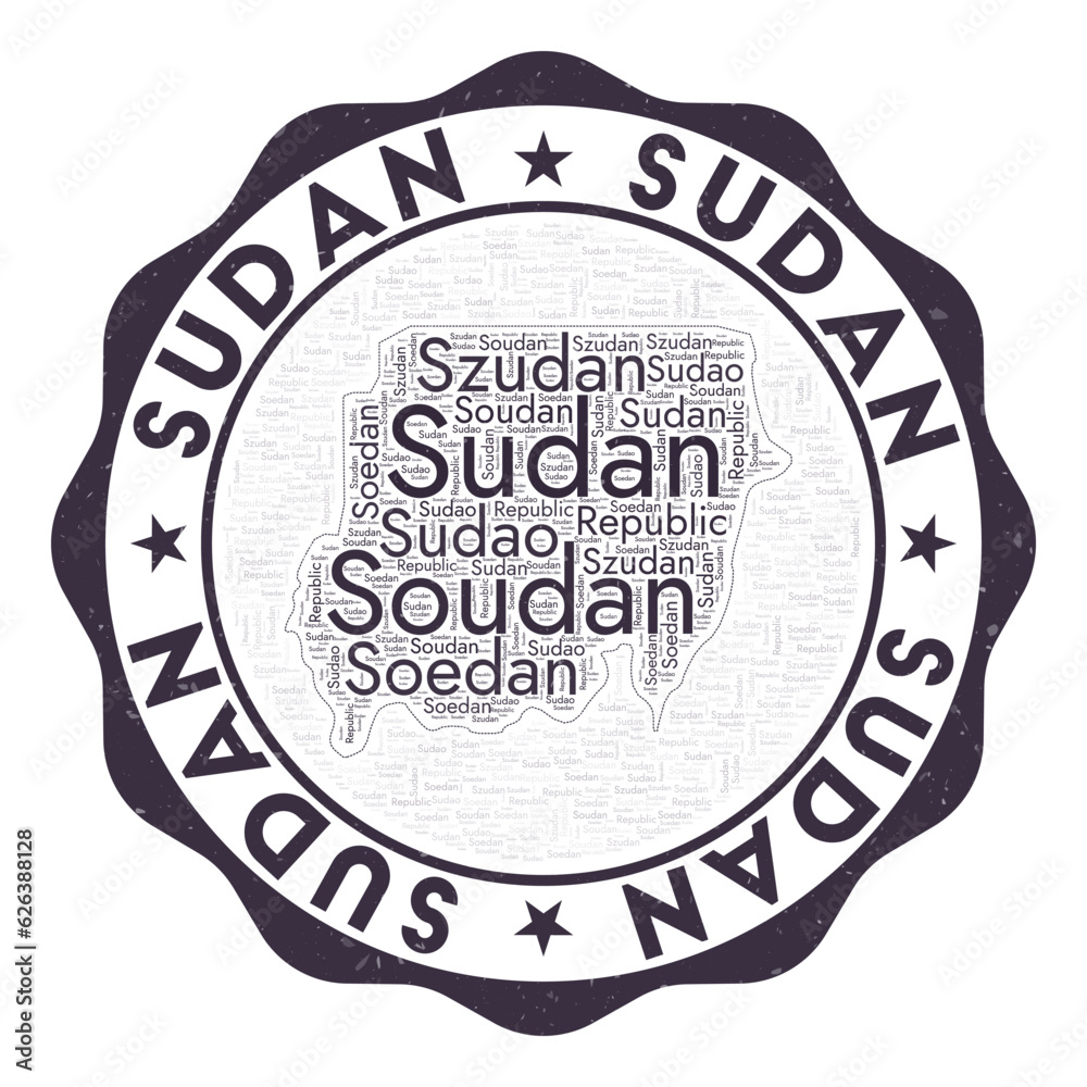 Sudan logo. Appealing country badge with word cloud in shape of Sudan. Round emblem with country name. Neat vector illustration.