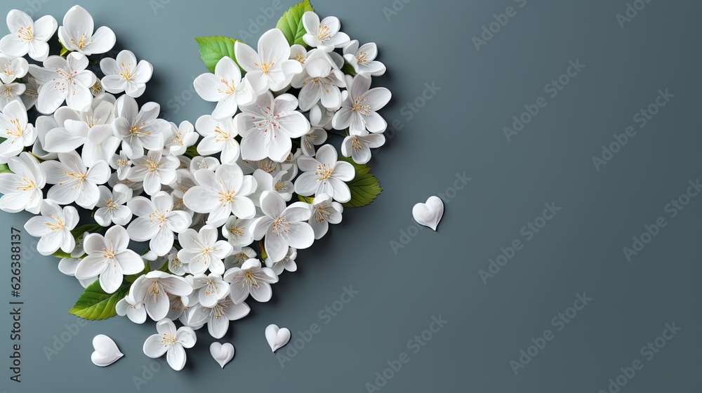 a heart shaped arrangement of white flowers on a blue background. generative ai a heart shaped arrangement of white flowers on a blue background. generative ai