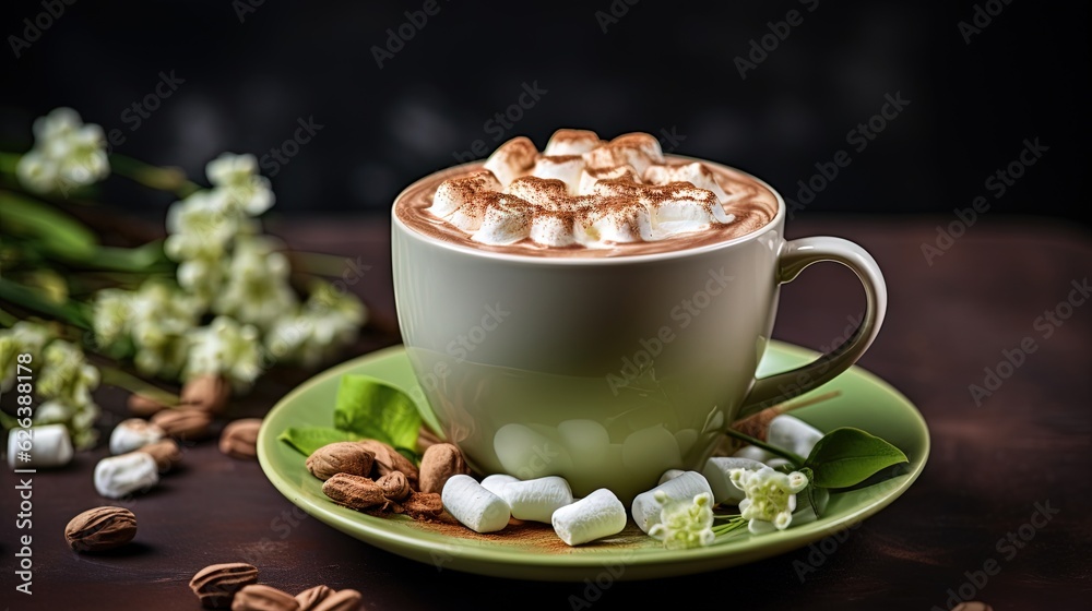 a cup of hot chocolate with marshmallows on a saucer. generative ai a cup of hot chocolate with marshmallows on a saucer. generative ai