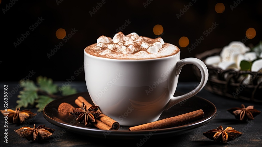 a cup of hot chocolate with cinnamons on a saucer. generative ai a cup of hot chocolate with cinnamons on a saucer. generative ai