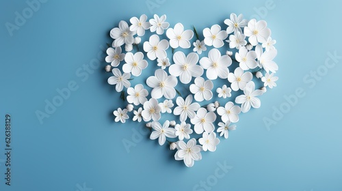  a heart made out of white flowers on a blue background. generative ai