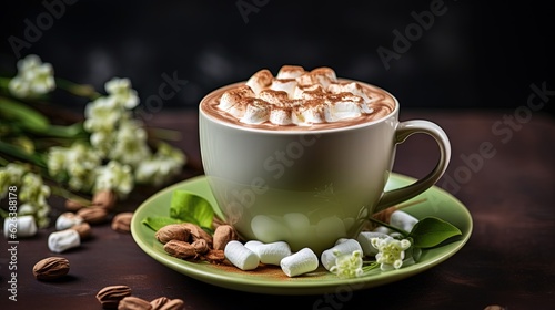  a cup of hot chocolate with marshmallows on a saucer.  generative ai