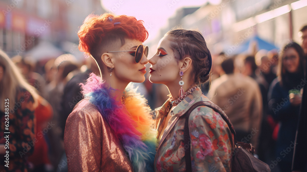 Two women kissing at gay pride, lgbt, lgbtqia, lesbians, bisexual, pride parade, love and romance, rainbow flags, make-upn short hair, long hair, 
