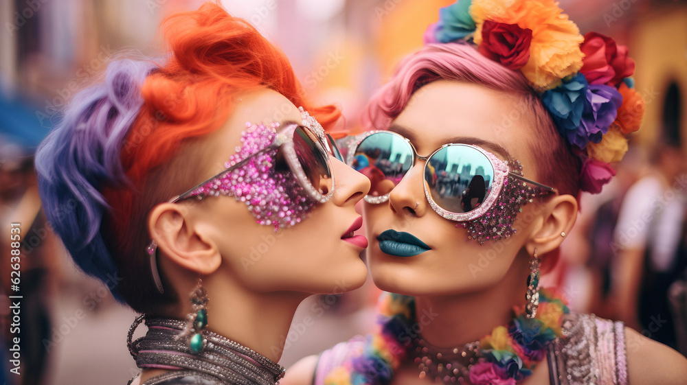 Two women kissing at gay pride, lgbt, lgbtqia, lesbians, bisexual, pride parade, love and romance, rainbow flags, make-upn short hair, long hair, Two women kissing at gay pride, lgbt, lgbtqia, lesbians, bisexual, pride parade, love and romance, rainbow flags, make-upn short hair, long hair,