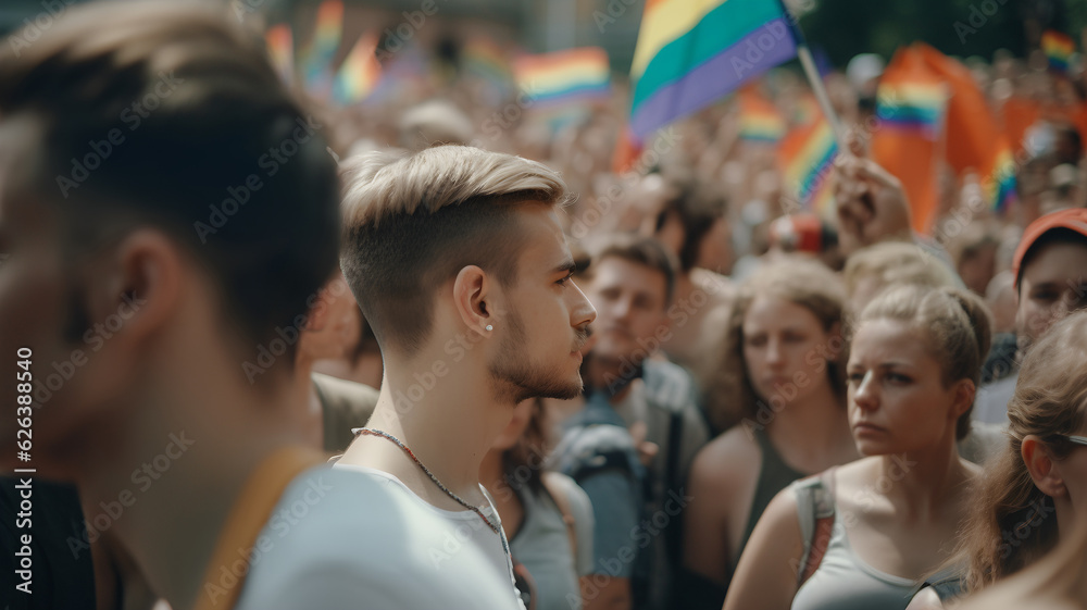 Close up of a man at gay pride, gay man in the crowd, rainbow flags, make-up, photograph, press photo of a pride parade, love, lgbt, lgbtqia, made with generative AI Close up of a man at gay pride, gay man in the crowd, rainbow flags, make-up, photograph, press photo of a pride parade, love, lgbt, lgbtqia, made with generative AI