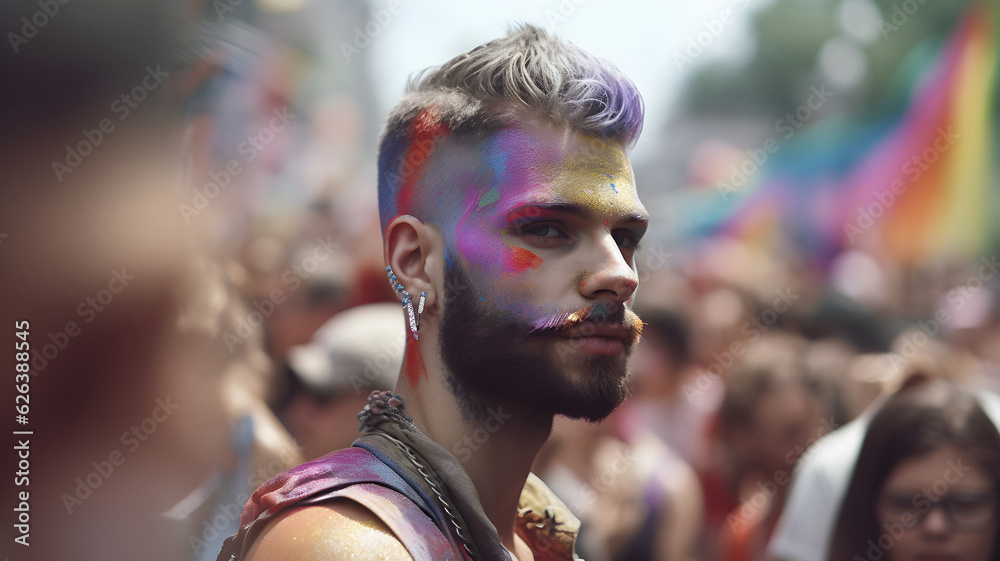 Close up of a man at gay pride, gay man in the crowd, rainbow flags, make-up, photograph, press photo of a pride parade, love, lgbt, lgbtqia, made with generative AI