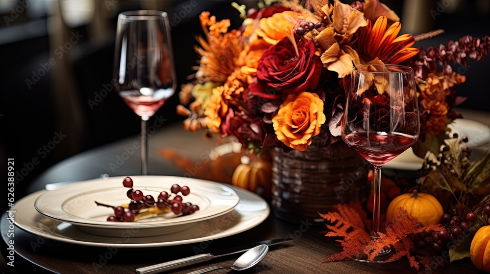  a table with a plate, wine glasses, and flowers on it.  generative ai