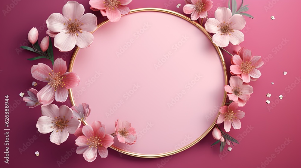  a pink background with pink flowers and a gold circle frame.  generative ai