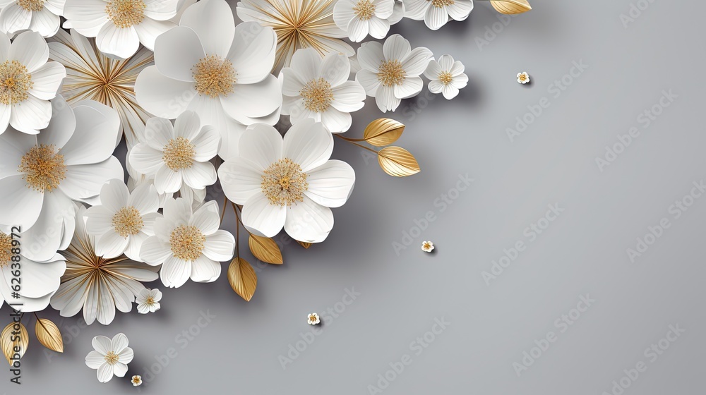  a bunch of white flowers with gold leaves on a gray background.  generative ai