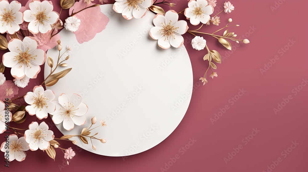  a paper plate with pink flowers on a pink background with a place for text.  generative ai