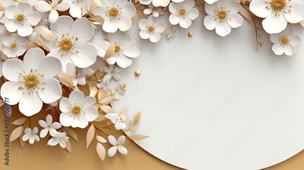  a white paper surrounded by white flowers on a brown background.  generative ai