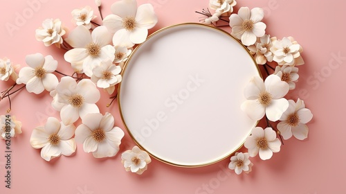  an oval frame with white flowers on a pink background with space for text.  generative ai