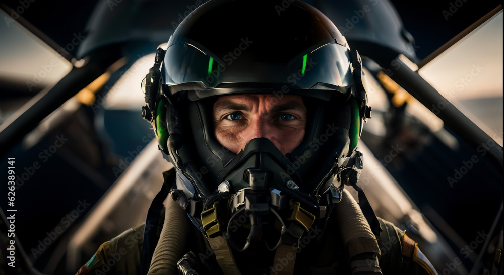 Skilled Fighter Pilot in Action: Striking Helmeted Portrait on Dark Background with Copy Space Skilled Fighter Pilot in Action: Striking Helmeted Portrait on Dark Background with Copy Space