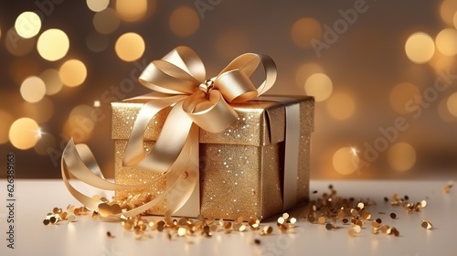  a gold gift box with a gold ribbon and a bow.  generative ai
