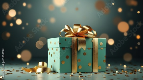  a blue gift box with a gold ribbon and a bow.  generative ai © Shanti