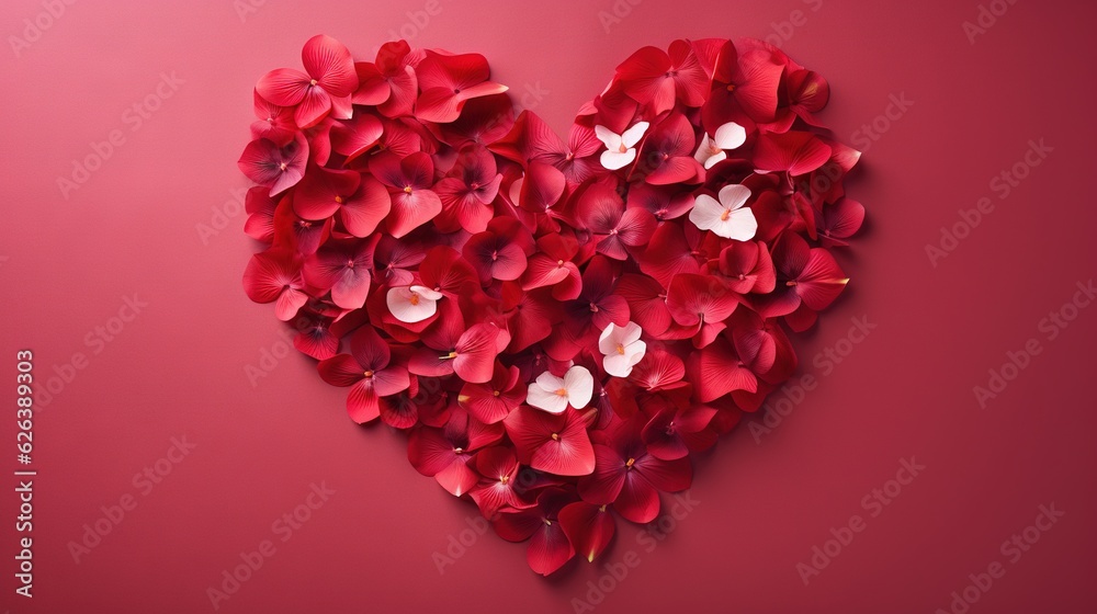 a heart shaped arrangement of red flowers on a pink background. generative ai a heart shaped arrangement of red flowers on a pink background. generative ai