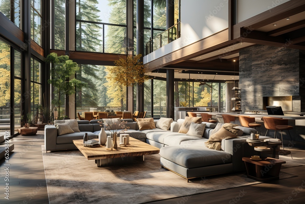 Naklejka premium Contemporary living room interior in new modern home with open concept floor plan. Shows kitchen, dining room, and wall of windows with amazing exterior