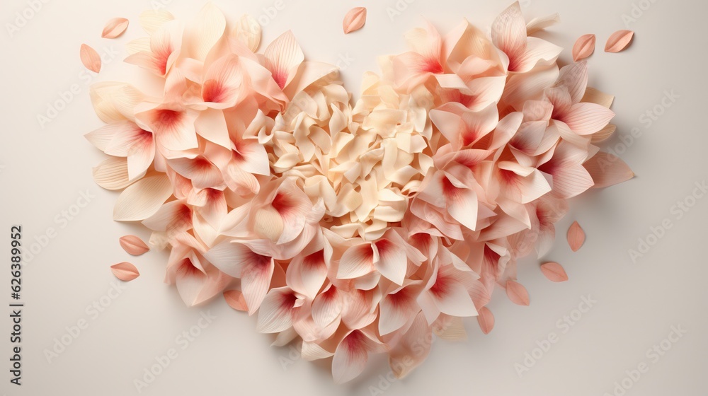  a heart shaped arrangement of pink flowers on a white background.  generative ai
