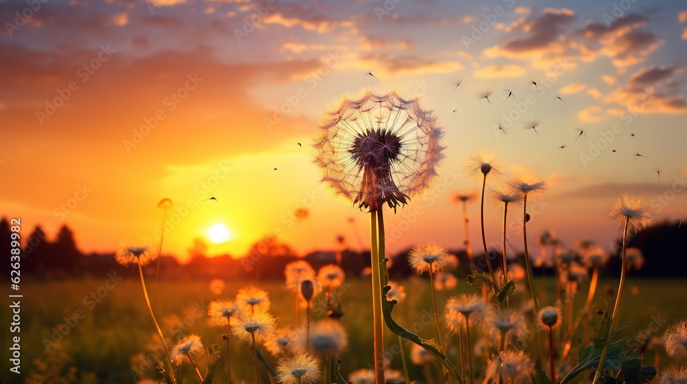  a dandelion in a field with the sun setting in the background.  generative ai
