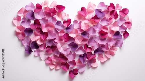  a heart shaped arrangement of pink and purple paper butterflies on a white background. generative ai