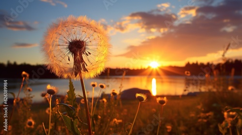  a dandelion in front of a lake at sunset.  generative ai