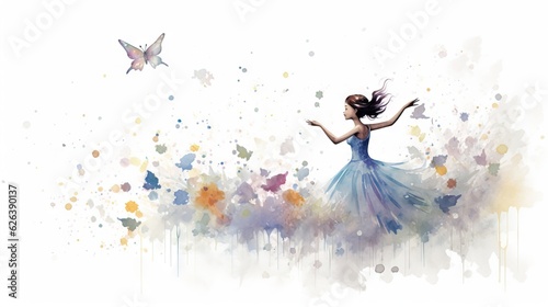  a woman in a blue dress is flying a butterfly in the air.  generative ai