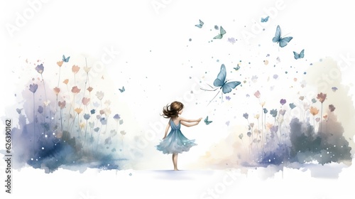  a little girl in a blue dress holding a butterfly in her hand. generative ai