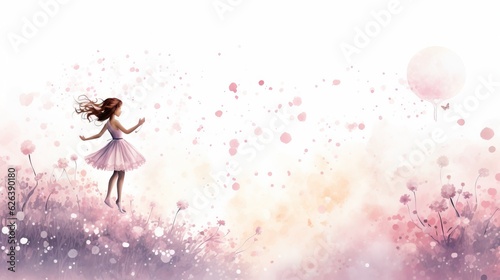  a girl in a pink dress is flying a kite in a field of flowers.  generative ai © Shanti