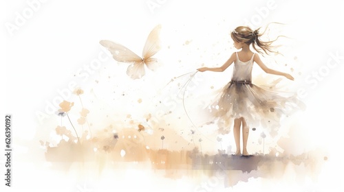  a girl in a white dress with a butterfly in her hand. generative ai