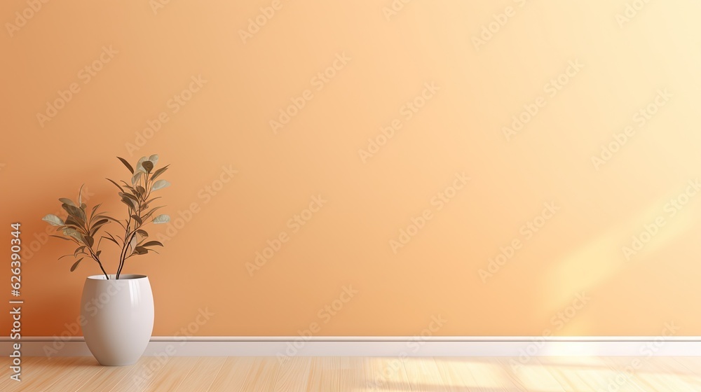 a plant in a white vase on a wooden floor in front of an orange wall. generative ai a plant in a white vase on a wooden floor in front of an orange wall. generative ai